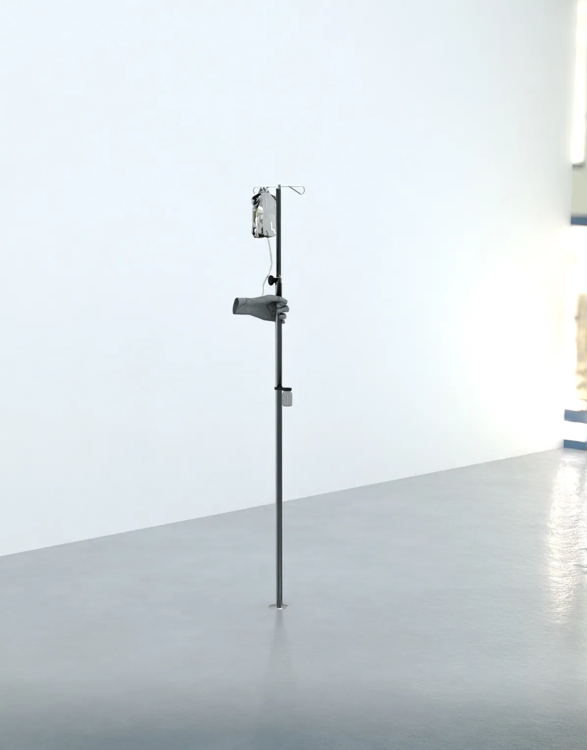 Self care, 2023, Installation : sculpture en béton, tube en aluminum, poche plastique, tube en plastique, pot en verre, 230 x 120 x 120 cm