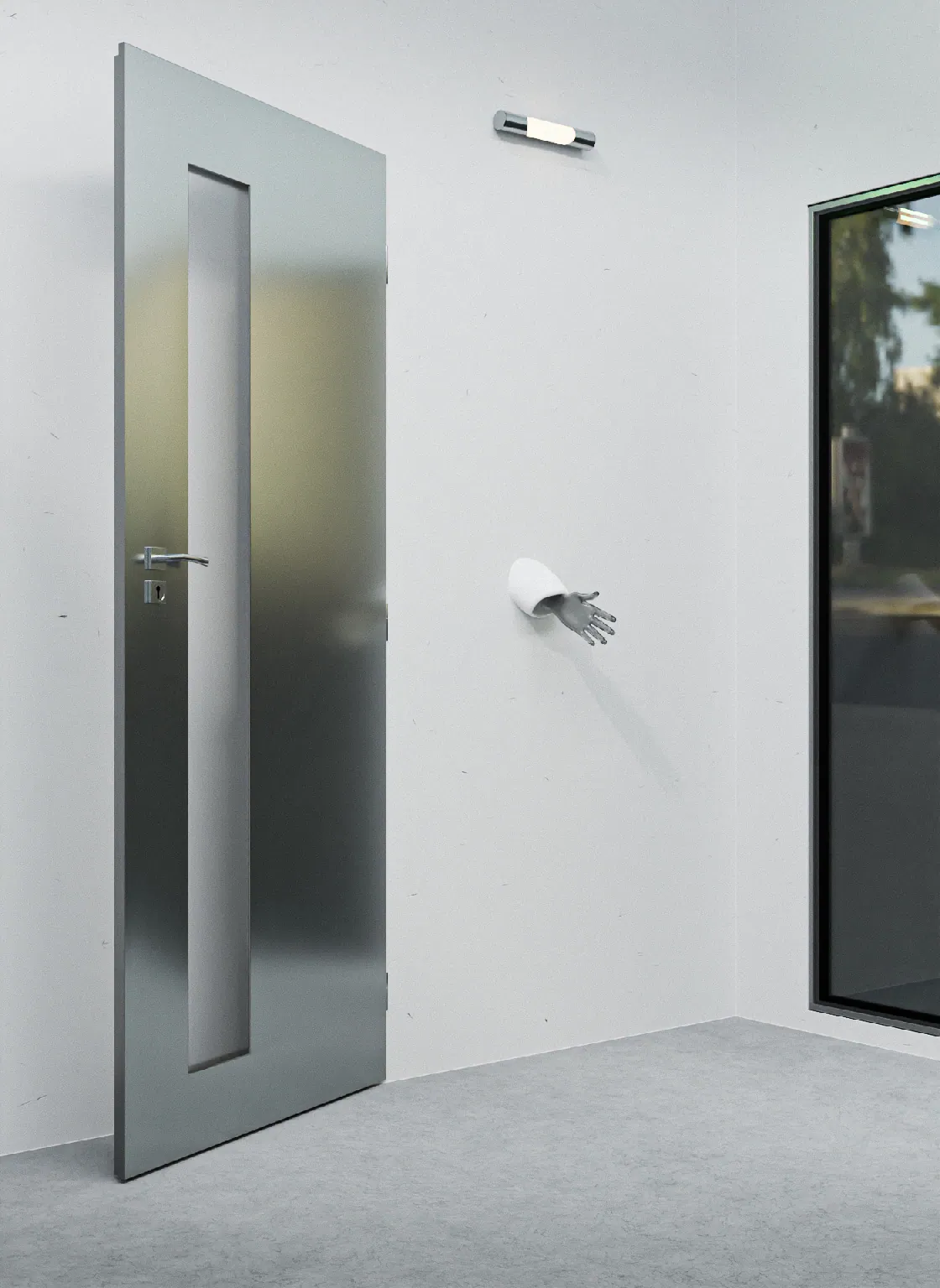 Trust, 2023, Installation : porte en aluminium, néon, sculpture en verre, blouse blanche, Dimensions variables