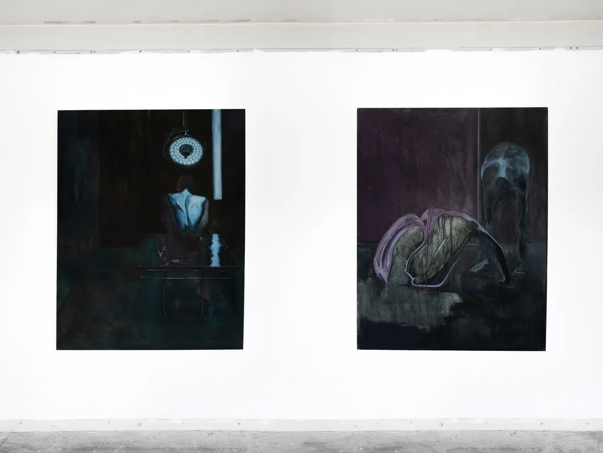 Chair exposée, 2025,Huile sur lin, 146 x 114 x 4,5 cm; Cry of the flesh, 2025, Huile sur lin, 146 x 114 x 4,5 cm