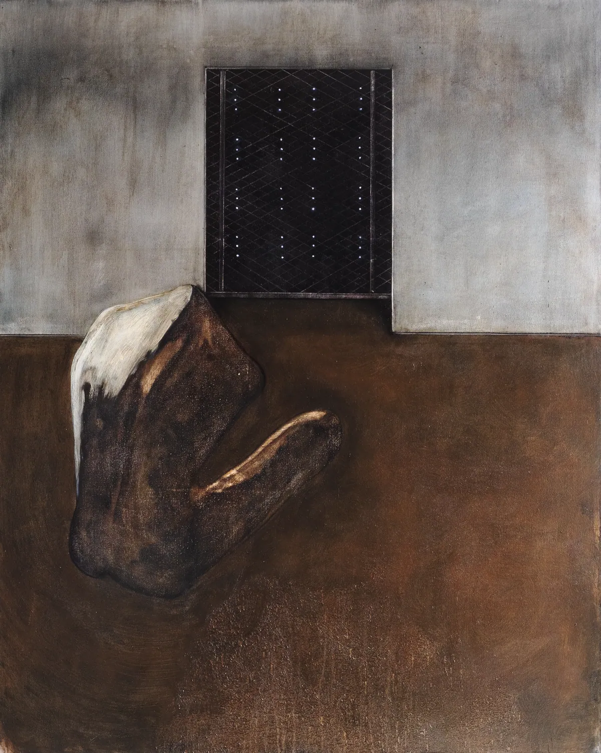 De chair d’aluminium et de silence, 2025, Huile sur lin, 150 x 120 x 3,5 cm
