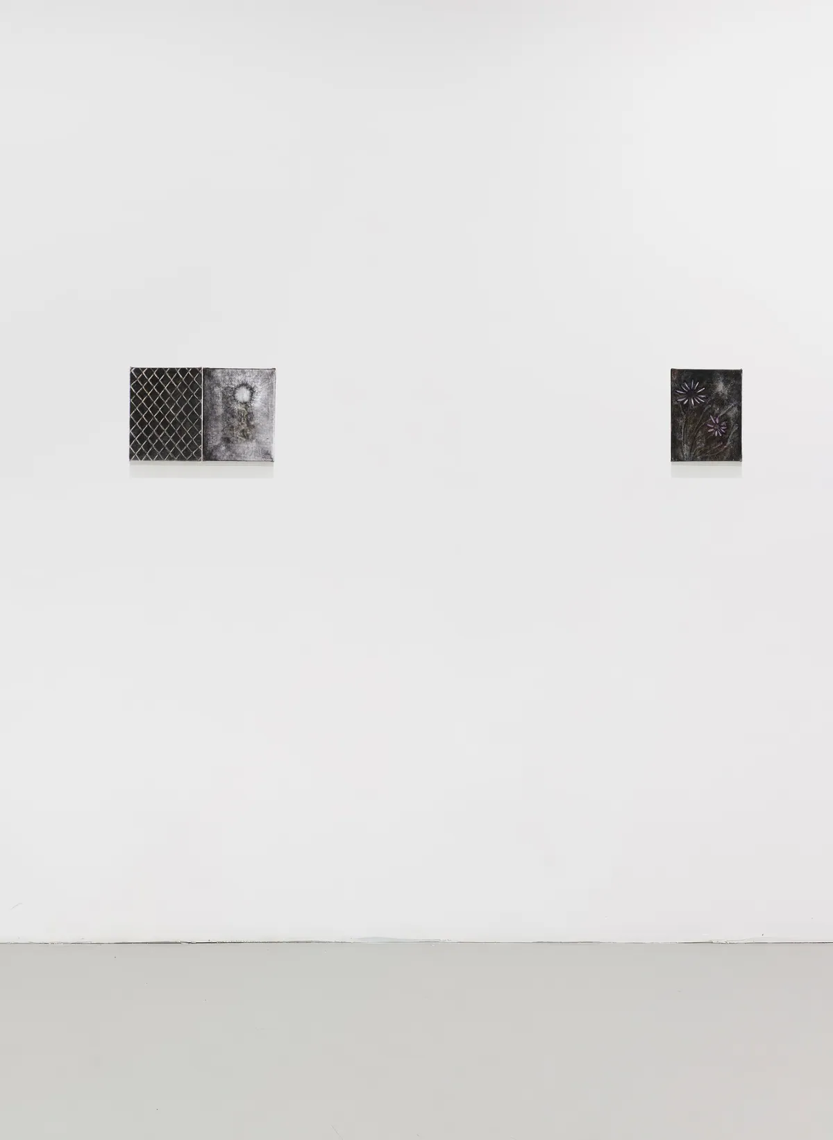 Substance et subistance, 2025, Huile sur lin (diptyque), 18 x 28 x 2,5 cm; Chicoré asphaltée, 2025, Huile sur lin, 18 x 14 x 2,5 cm