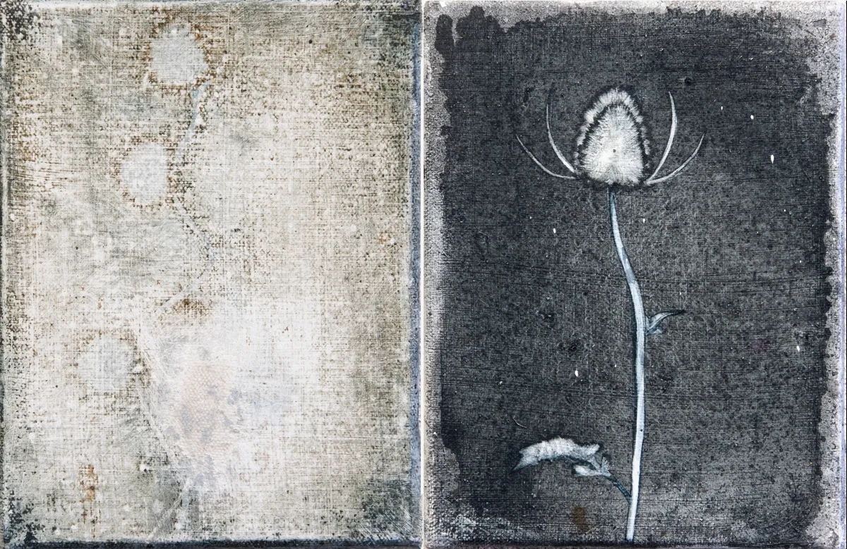 Never bothered to bloom, 2025,Huile sur lin (diptyque), 18 x 28 x 2,5 cm