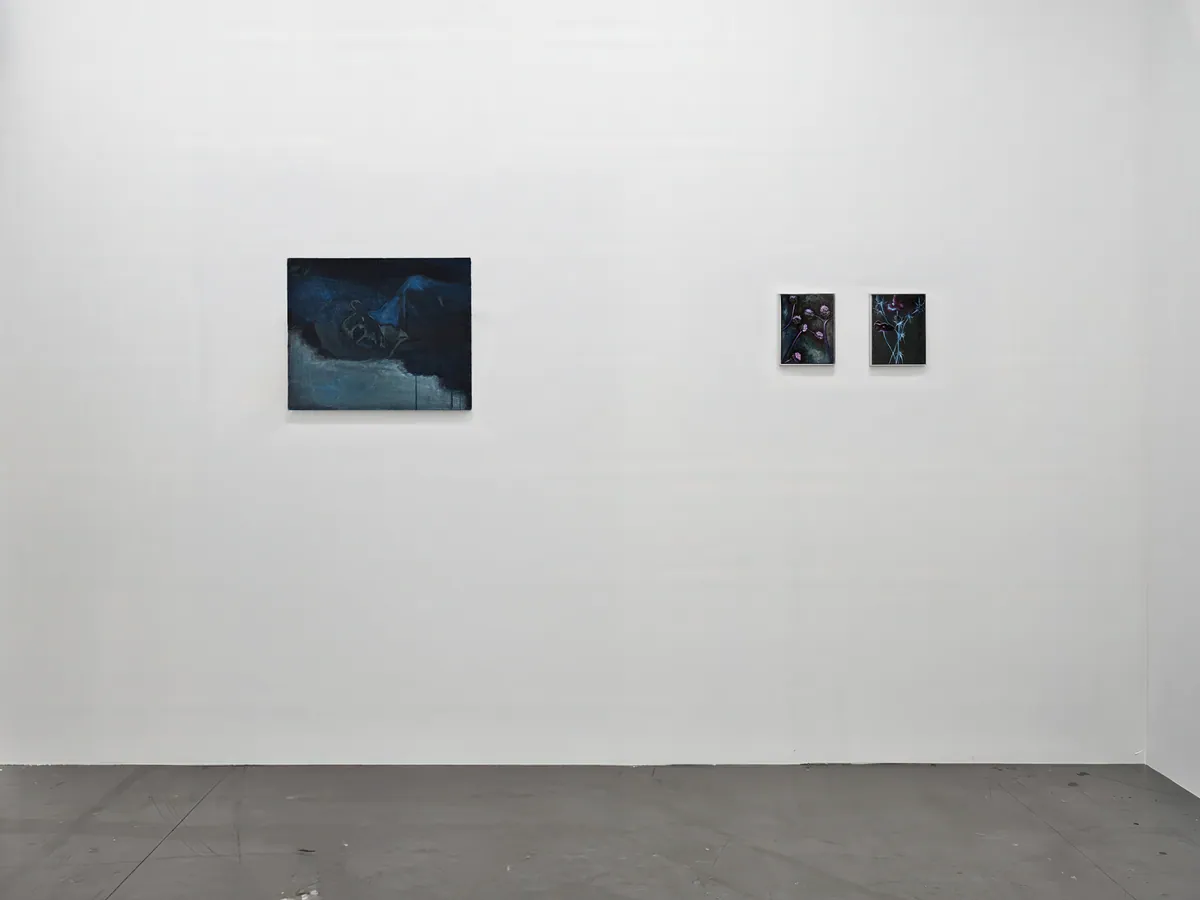 Narcisse’s fall, 2024, Huile sur lin, 46 x 38 x 4,5 cm; Sans titre, 2024, Huile sur lin, 14 x 18 x 2,5 cm, Collection privée; Perte et tendresse, 2024, Huile sur lin, 14 x 18 x 2,5 cm, Collection privée