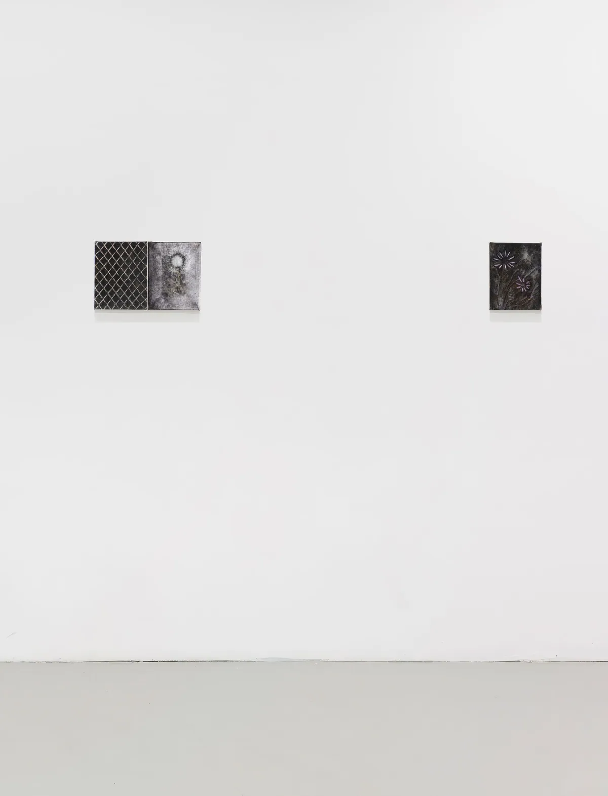Substance et subistance, 2026, Huile sur lin (dyptique), 18 x 28 x 2,5 cm ; Chicoré asphaltée, 2026, Huile sur lin, 18 x 14 x 2,5 cm