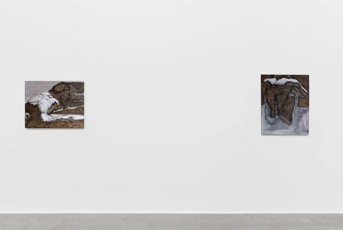 Sous terre, sous peau, 2025, Huile sur lin, 40 x 50 x 3,5 cm ; Grey era, 2025, Huile sur lin, 50 x 40 x 3,5 cm, Collection privée