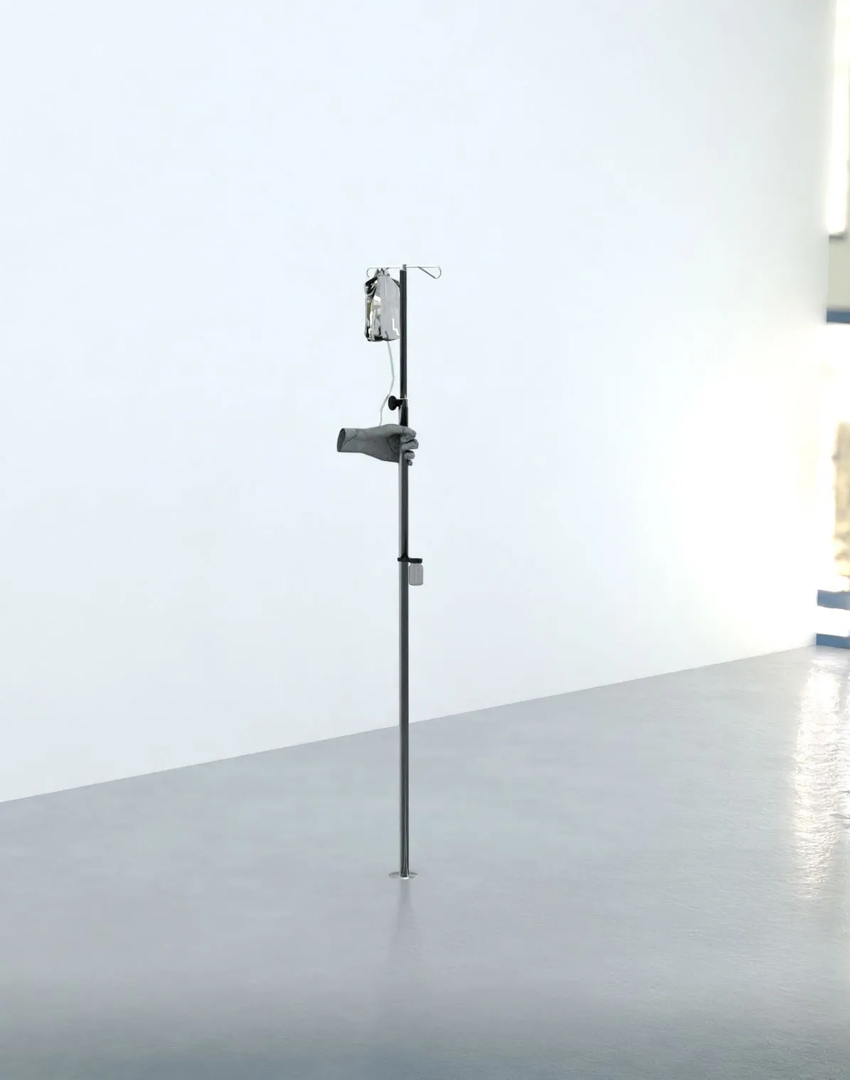 Self care, 2023, Installation : sculpture en béton, tube en zinc, poche plastique, tube en plastique, pot en verre, 180 x 120 x 120 cm